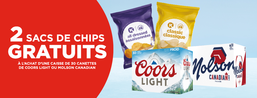 Promotion achat 1 caisse de 30 canettes Coors ou Canadian, recevez 2 sacs de chips Couche-Tard